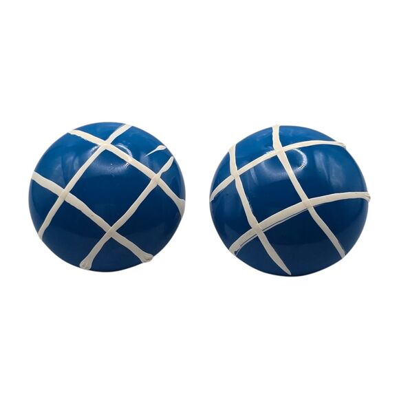 Button Dome Pierced Earrings Round Shaped Blue & White Hand Painted On Metal - Picture 4 of 8